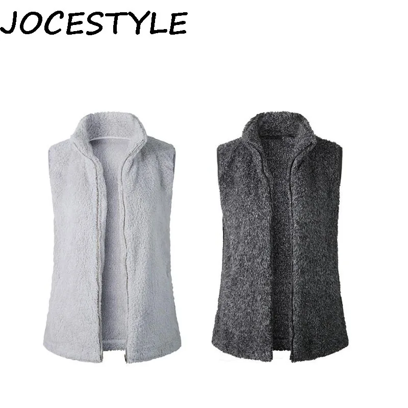 

Fleece Vest Stand Collar Warm Zip Up Faux Fur Solid Color Soft Waistcoat with Pockets Vest Coat
