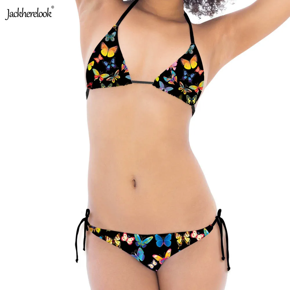 

Jackherelook Animal Butterflies Print Black Sexy Bikinis Two Pieces Bathing Suit for Women Summer Beach Swimsuit Bandage Biquini