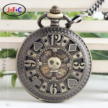 Poke Carte Bronze Pirate Crâne Ronde Montre De Poche Mécanique Automatique Auto-Vent Vintage Antique Hommes Militaire Montre De Poche Q020