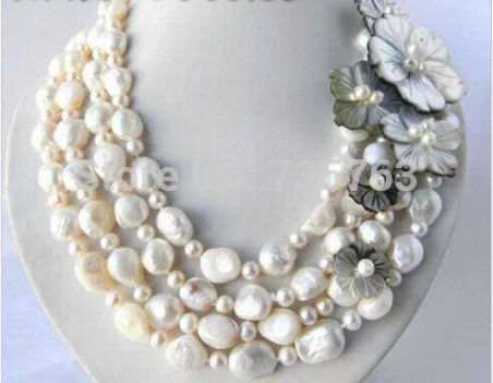 

HOT 0015295 4Strands White Round Baroque Freshwater Pearl Shell Flower Necklace