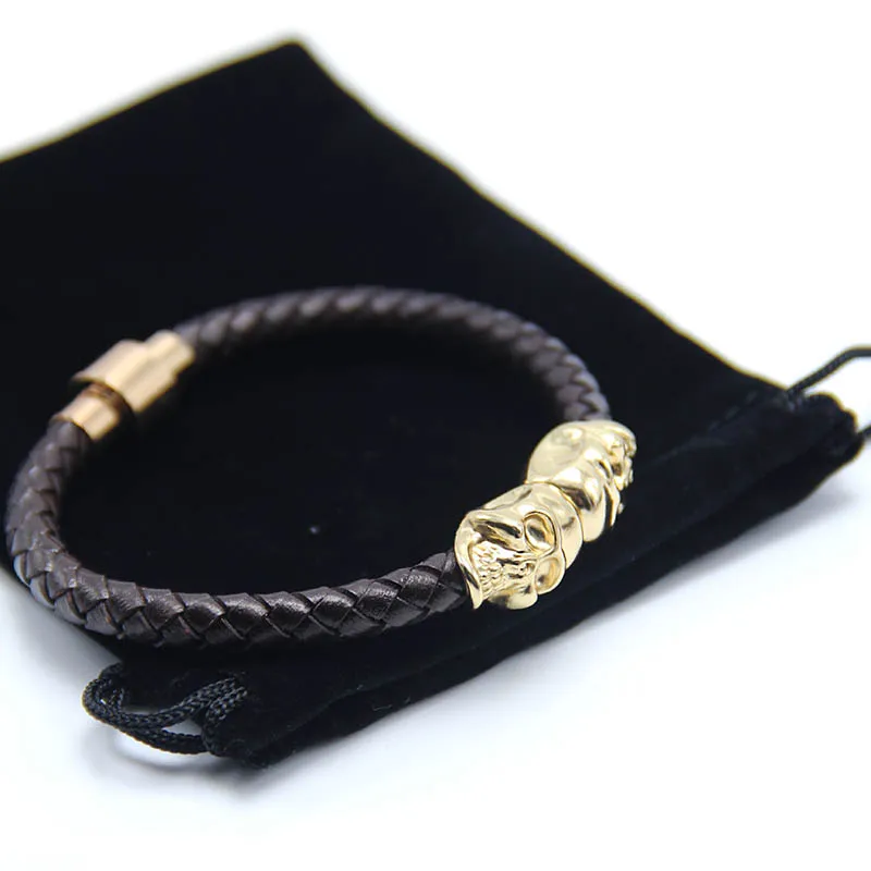 

2016 Velvet Bag& Gift Box with Genuine Leather Skull Man Bracelet With Magnetic Claps Gold Color Not Fade Man's Jewelry