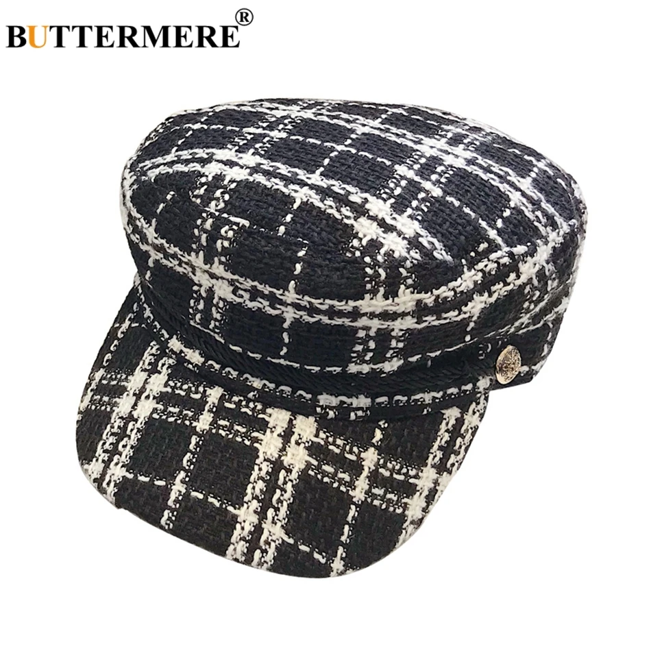 

BUTTERMERE Tweed Hat Winter Women Military Caps Plaid Black Top Flat Hats Captain Female British Fashion Sailor Cap Army 2019