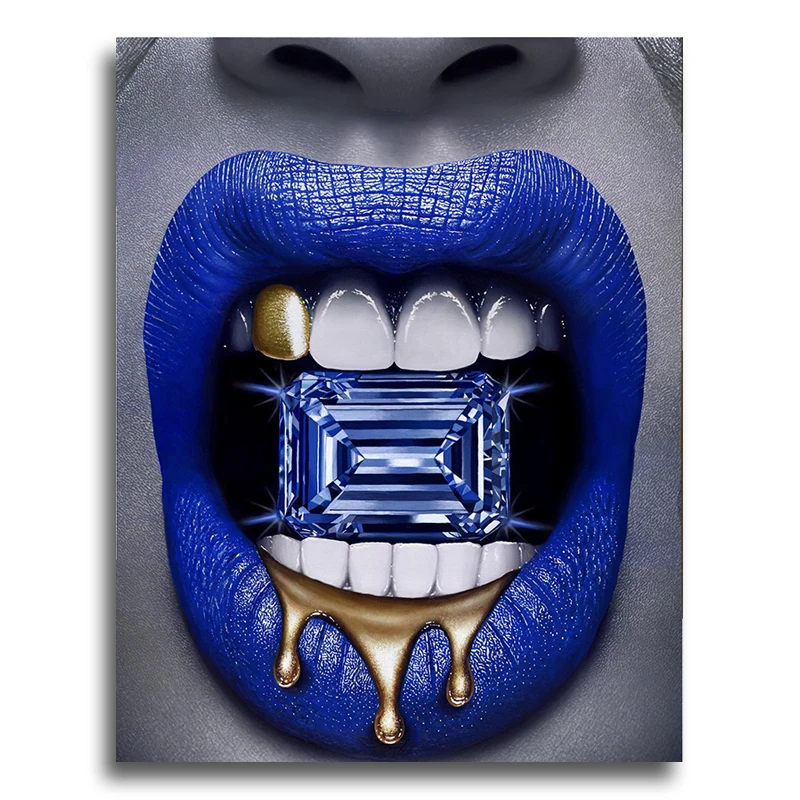 

Sexy girl blue Lips with diamond Dollars Canvas Art Prints Black and white Printed Oil Paintings On Canvas Wall for Living Room