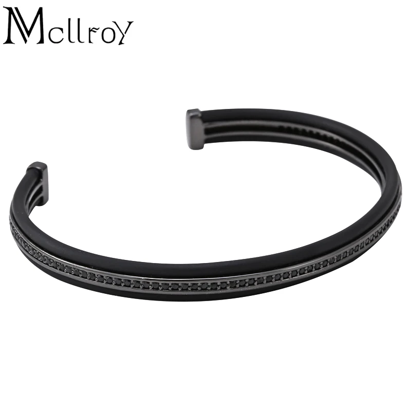 Mcllroy bangle bracelets men cuff with black rubber men bangles bracelet bar pulseira & CZ Micro Paved Bijoux Men Jewelry