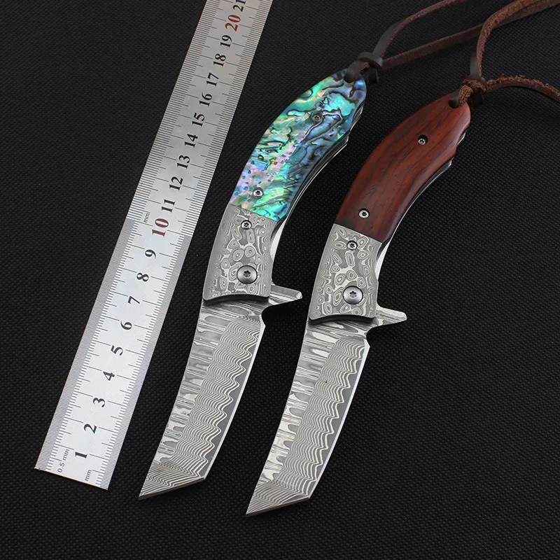 

Damascus steel folding knife sharp knife with high hardness tool to travel Outdoor camping tool knives shell handle gift