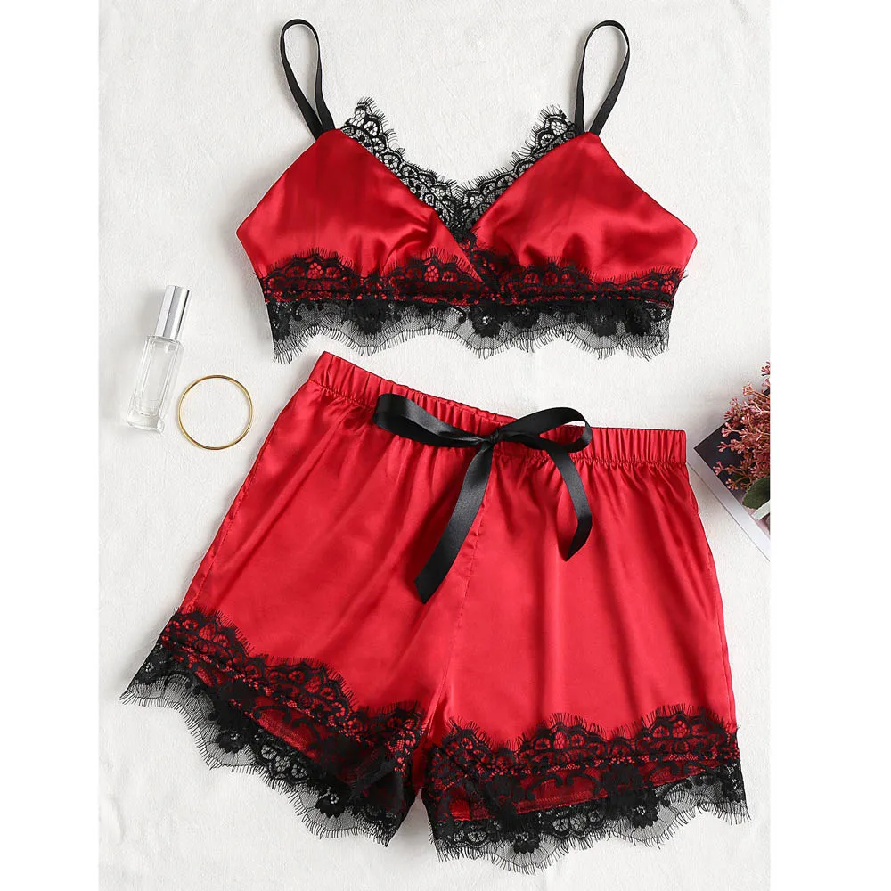 Женское сексуальное кружевное шелковое атласное белье, одежда для сна, милый бюстгальтер, укороченные пижамные топы, набор, ночная рубашка, ночная рубашка - Цвет: Красный