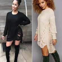 Sexy Hollow Out Hole Ripped Knitted Sweater Dress Autumn O-Neck Long Sleeve Irregular Pollvers Black Beige Jumper pull femme