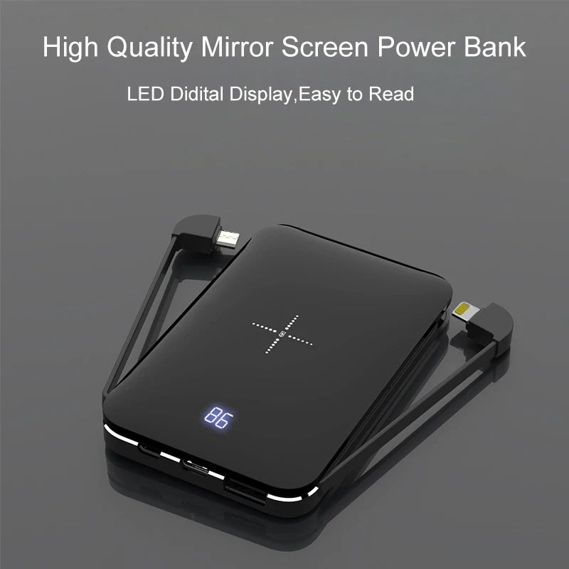  Pantalla de espejo portátil de 8000 mAh banco de energía Qi cargador inalámbrico Cable de salida Du