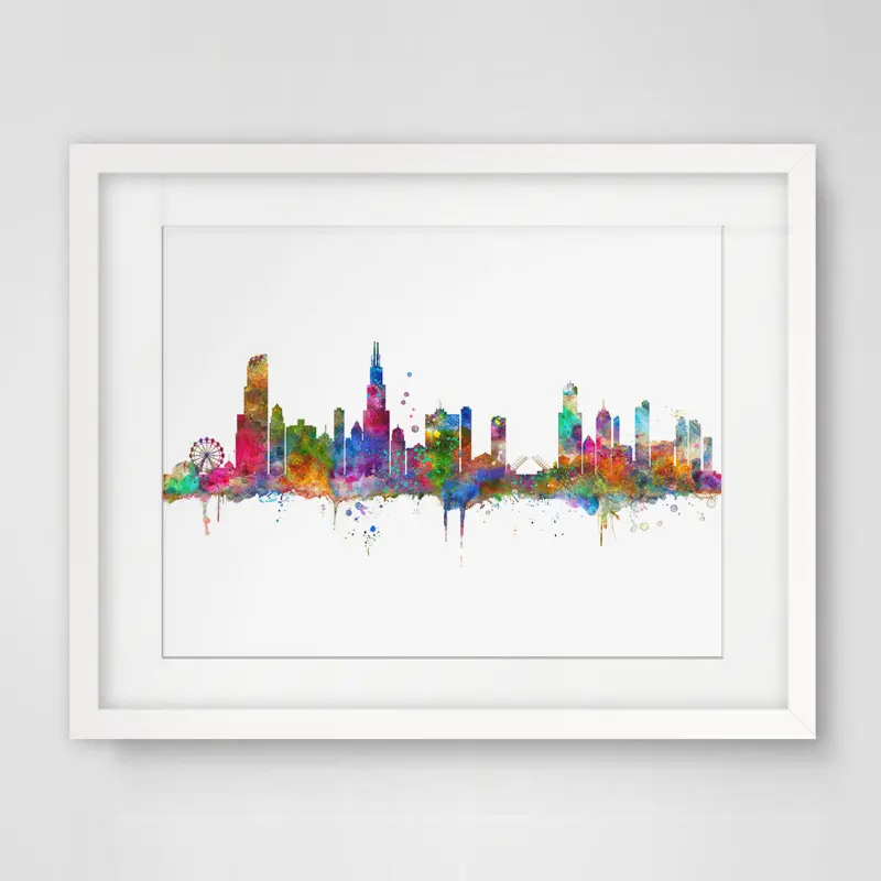 

Chicago Painting Colorful Map Poster Chicago City Skyline Watercolor Wall Art Chicago Art Print Poster Landscape Home Decor