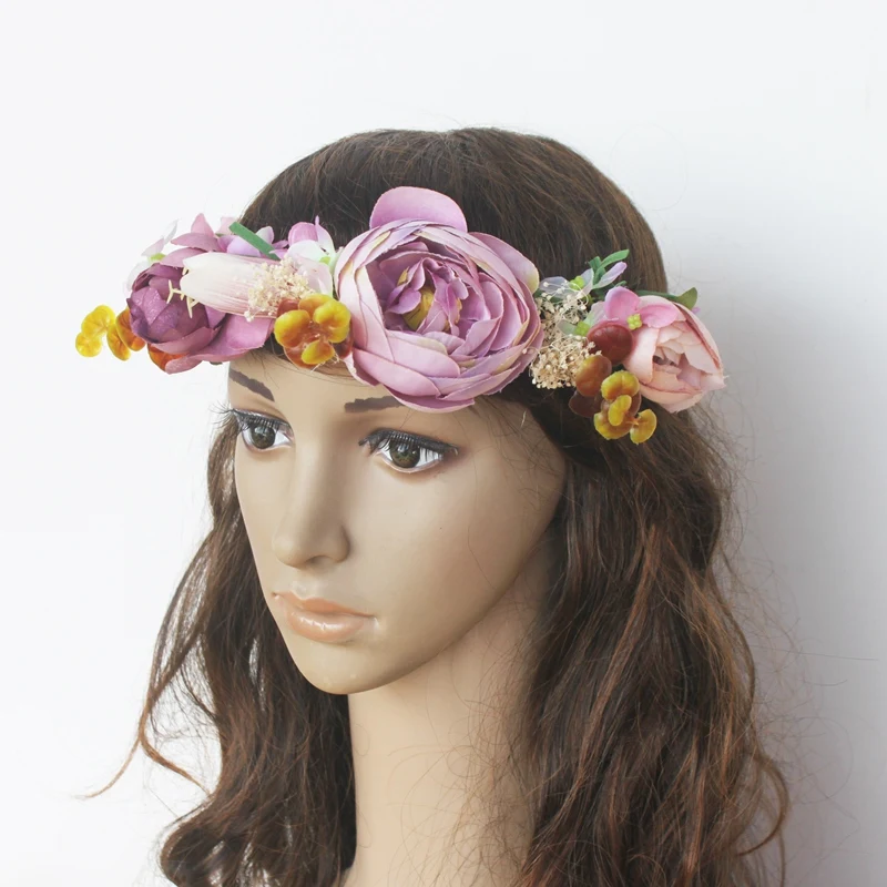 

Girl's Artificial Flower Lilac Rose Wreath Headpiece Crown Floral Garland For Wedding Bridal Deco And Hair Accessories Boho