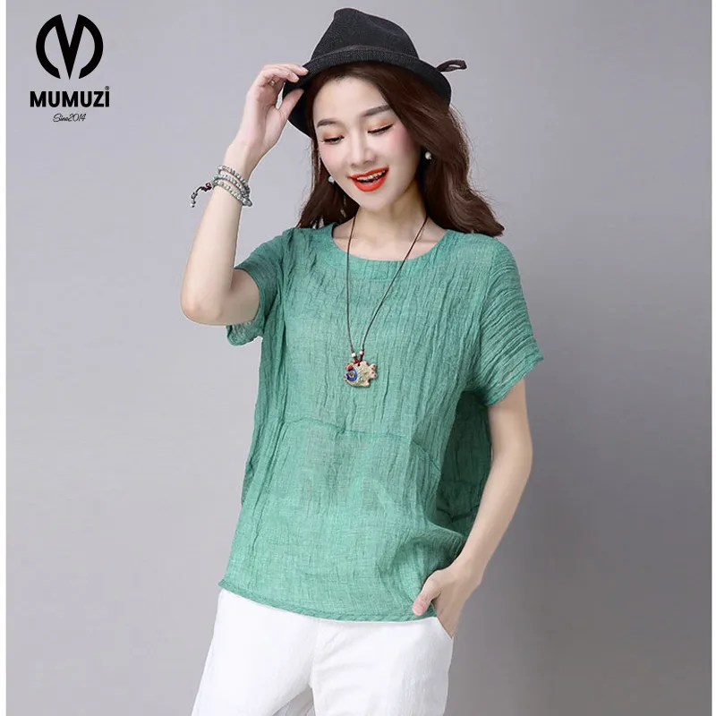 2017 Plus Size Summer Sunscreen Solid Women Blouse Loose Cotton Linen