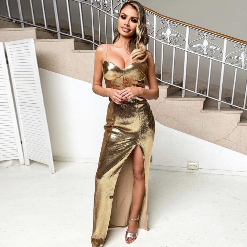 Max Spri New Women Sexy Gold Sequin Shining Bling Spaghetti Deep V Neck Backless Sleeveless Party Split Floor Length Dress