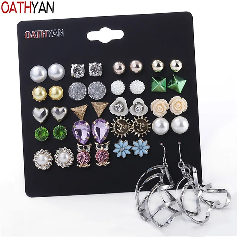 

OATHYAN 20 Pairs/Set Fashion Round Geometric Small Stud Earrings Set Mix Women's Cute Animal Owl Flower Simulated Pearl Earring