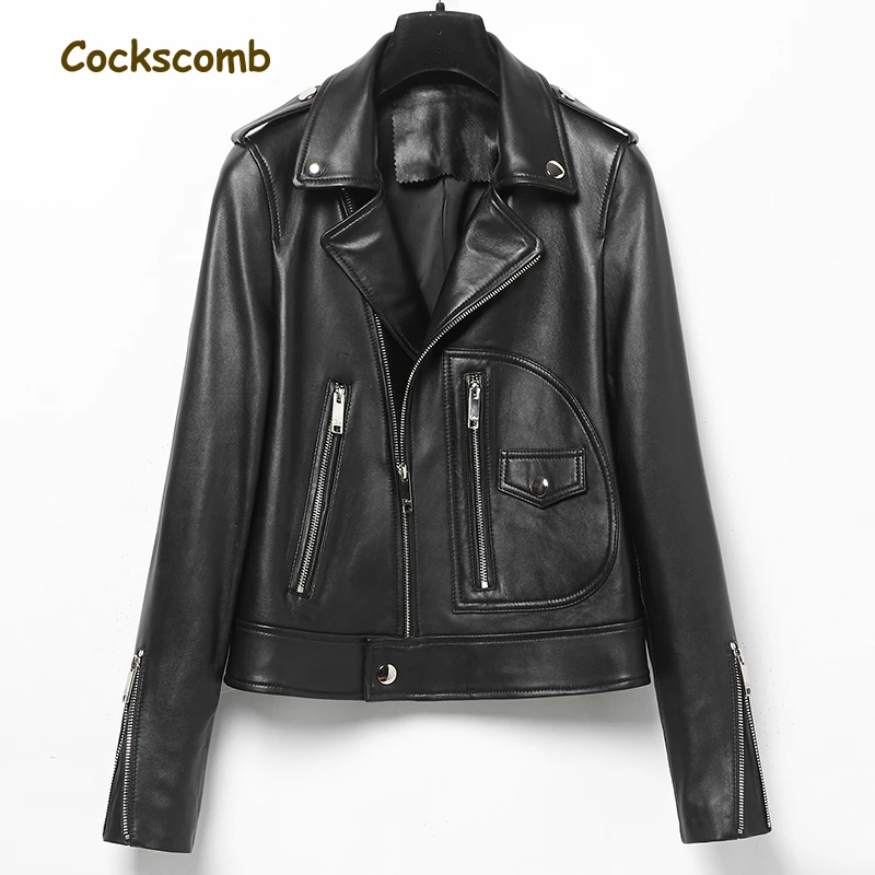 

Cockscomb 2018 Autumn New Arrival Natural Leather Jacket Women Turn Down Collar Zippers Real Sheepskin Leather Coats