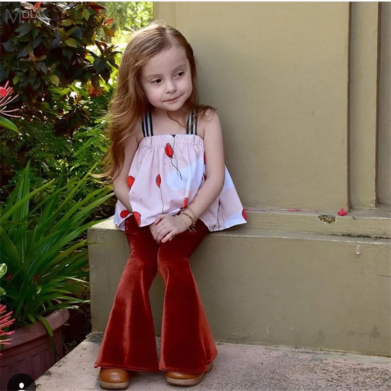 

Infant Girls Sets halters Tops+flared trousers summer kids sets Fashion pretty clothes maka kids pink T-shirt sets with pants