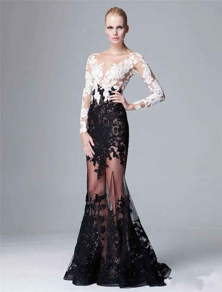 

2024 Mermaid Prom Gowns Sexy Long Sleeve White and Black Sequin Beads Elegant Formal V-Neck Prom Dresses Custom Made