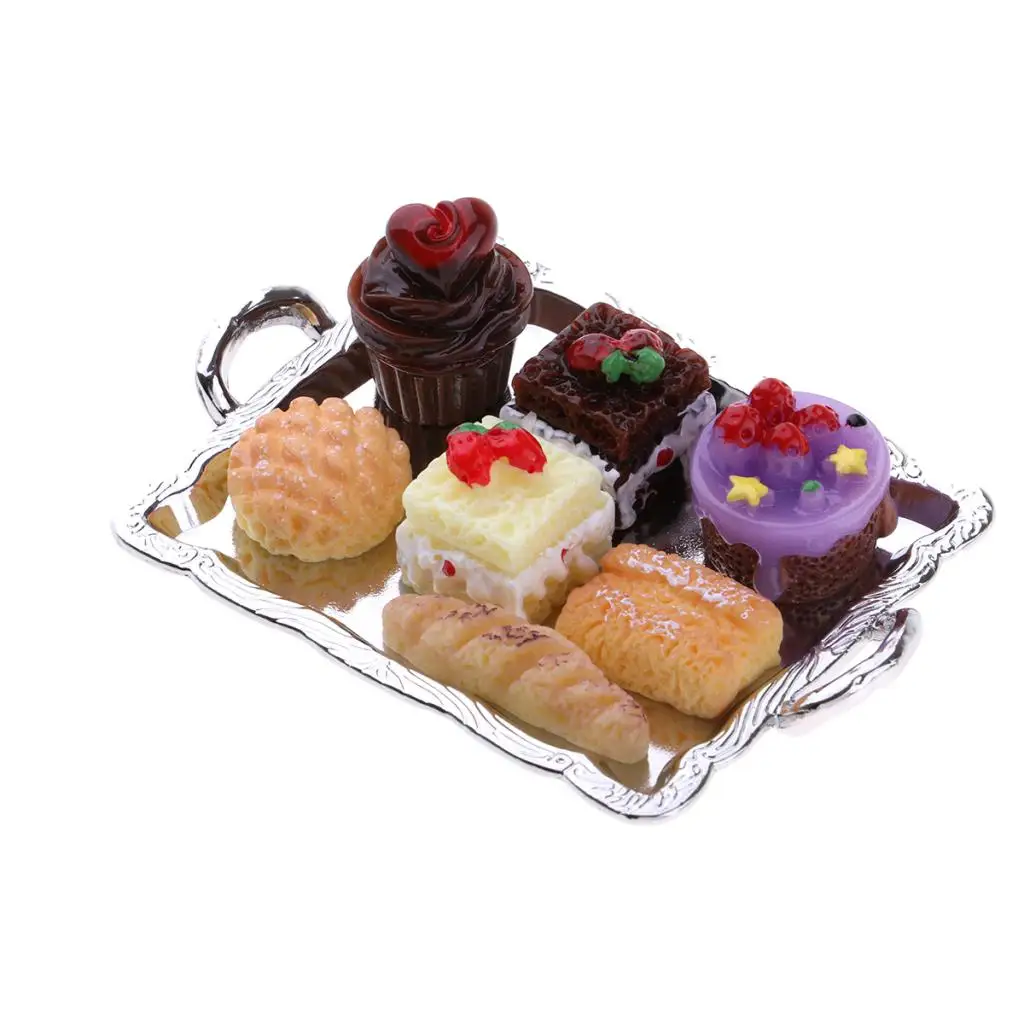 1/12 Dollhouse Miniature Food Cake Plate Bread Set For Kitchen Dining Room Decoration with Silver Tray