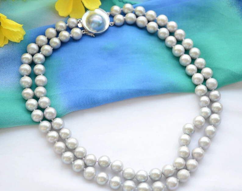 

FREE shipping> >>>Z6474 AA++ 2strands 11mm ROUND GRAY Freshwater cultured PEARL NECKLACE new