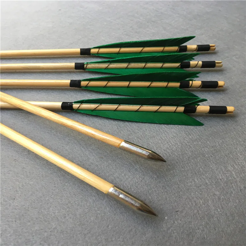 

6pcs green triangle feather winding way wooden arrows for archery recurve longbow hunting