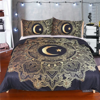 

Galaxy Gold Mandala Moon Star on Black Printed Bedding Set, Bohemian Soft Bed Linens Duvet Cover Sets with Pillowcases Kids Gift
