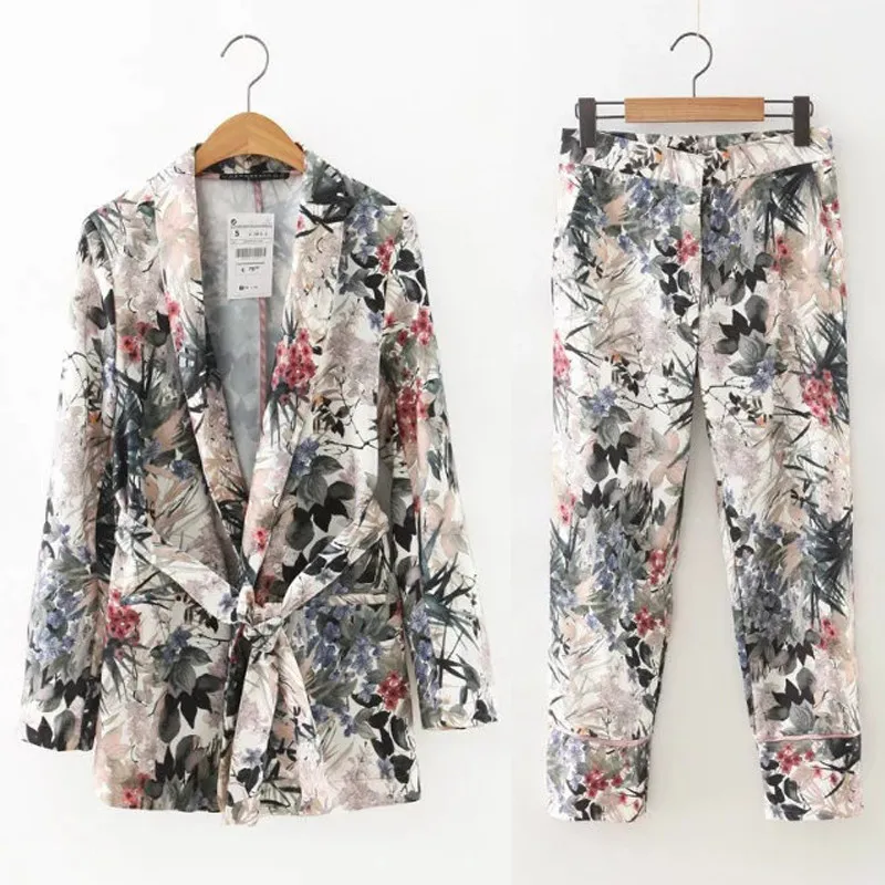 

Ladies Clothes Sexy 2 Pieces Sets Trun Down Collar Print Long Coat+wide Pants Outfits Suits Party Clubwear Women Two Piece Set