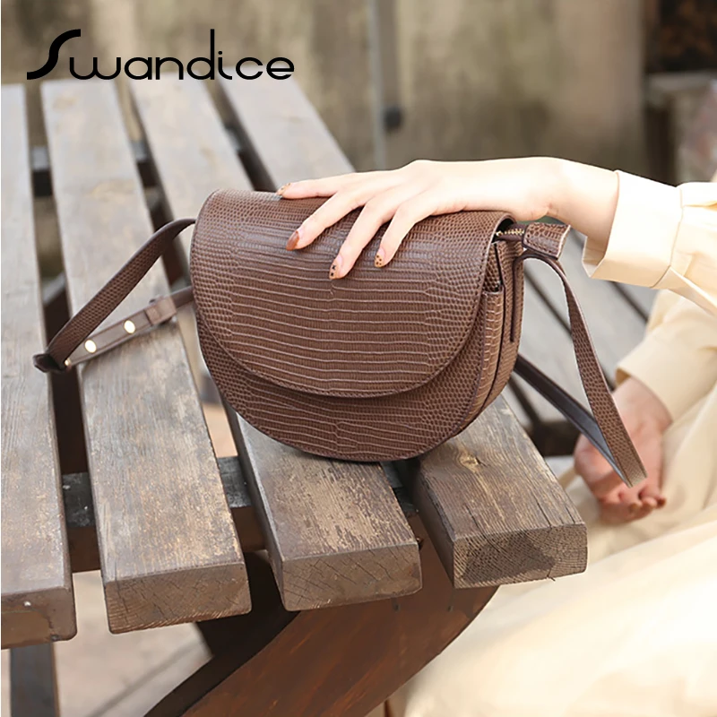 

100% Real Genuine Leather Vintage Lizard Saddle Flap Crossbody Messenger Shoulder Bags Women Female Handbags Natural Calfskin