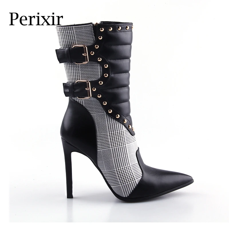 

Perixir Sexy Extreme High Heels Black Women Platform Motorcycle Ankle Boots lattice Splicing black New women shoes Botas Mujer