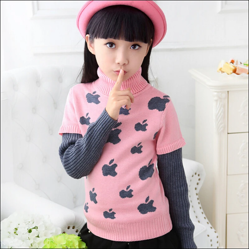 Girls Pattern Sweaters Kids Cotton \u0026 Wool Sweater Children\u0027s Print Apple Sweaters Girls Turn Pullover Turtleneck