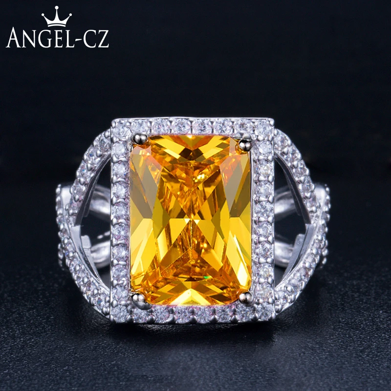 

ANGELCZ Perfect Rectangle Cut Yellow Cubic Zirconia Stone 925 Sterling Silver Luxury Wedding Party Ring Jewelry For Women AR014