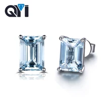 QYI Fashion 925 Sterling Silver Topaz Stud Earrings for Women 2 ct Emerald Cut Sky Blue Topaz Anniversary Gemstone Earrings