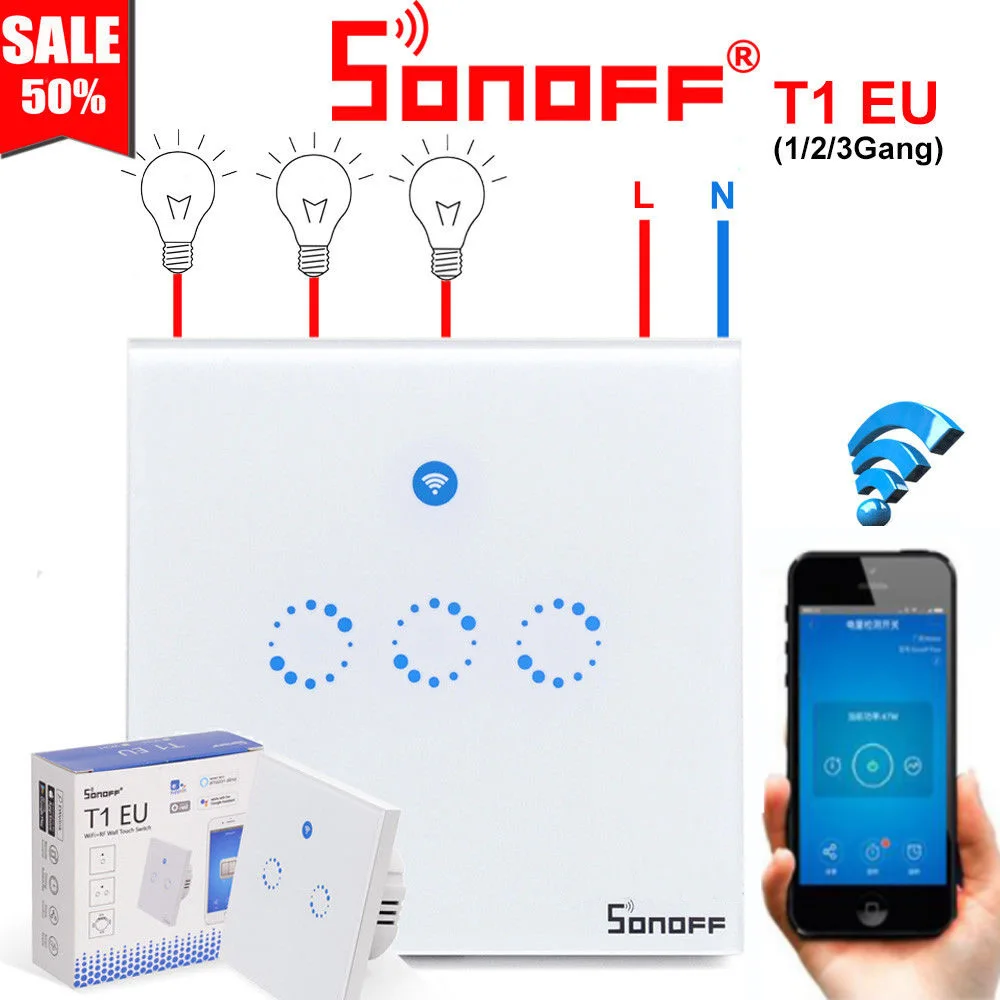 Интеллектуальный выключатель света Sonoff T1 EU/UK Smart Wifi настенный сенсорный переключатель сенсорный/WiFi/433 RF/APP дистанционный контроллер для умного дома работать с Alexa