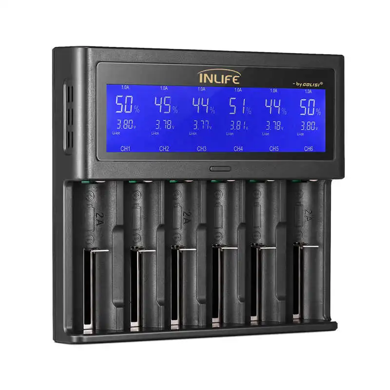 

Golisi S6 2A 1A 0.5A Intelligent Lcd Charger For 18650 26650 20700 21700 Li-Ion Ni-Mh Ni-Cd Aaaa Aaa Sc C Rechargeable Battery