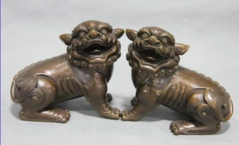 

song voge gem S1305 4.5 China Purple Copper Bronze Fengshui Evil Beast Fu Foo Dog Lion Statue Pair