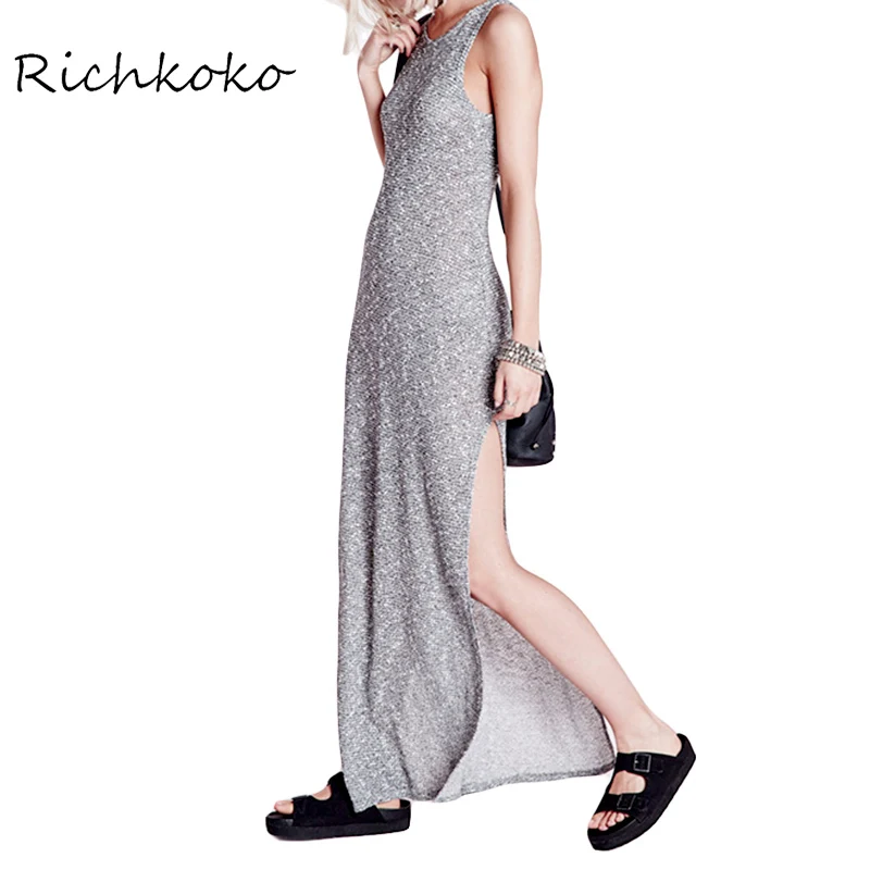 

RichKoKo 2017 Summer Solid Sliver Women Dress Tank Sleeveless Side Split Casual Vestidos Crew Neck Punk Knitted Sexy Maxi Dress