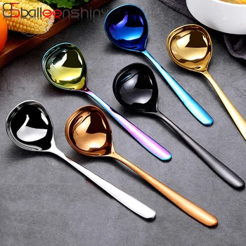 

BalleenShiny Stainless Steel Large Spoon Long Handle Colorful Soup Porridge Round Head Scoop Gifts Kitchen Hotel Tableware