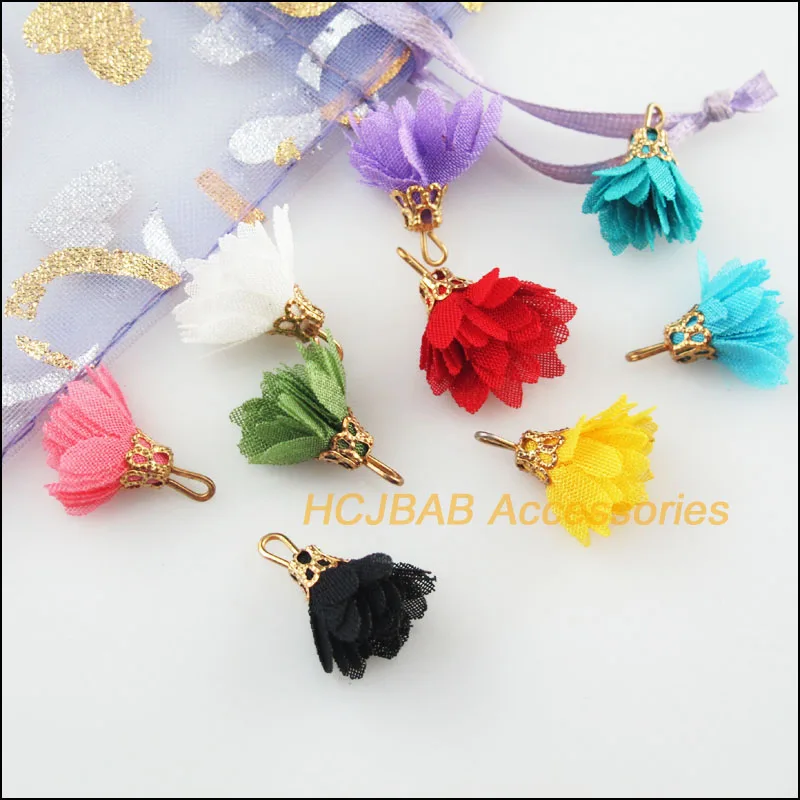 

12Pcs Mixed Gold Color Endcaps Cloth Flower Charms Pendants For DIY 16x17mm