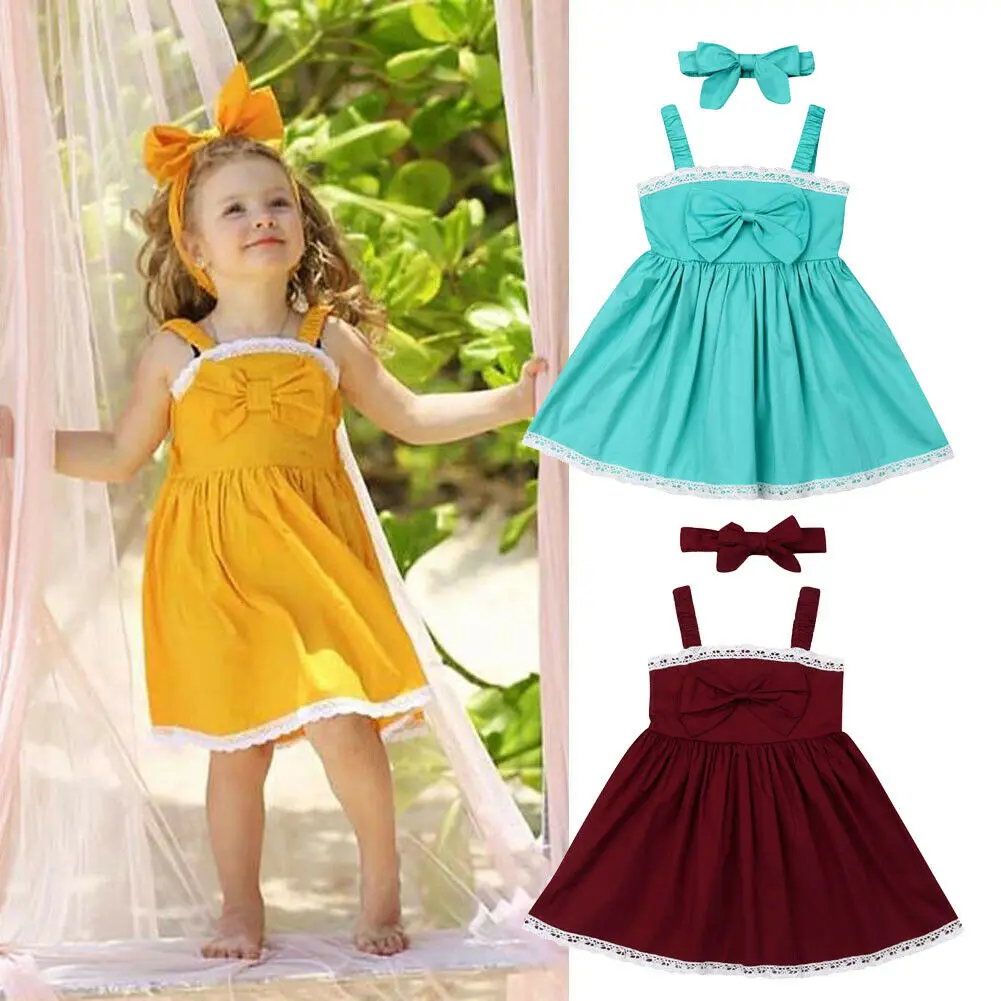 

2019 New Toddler Kids Baby Girls Princess Party Dress Halter Bowknot Solid Lace Strap Dress Sundress Headband Summer 1-6Years