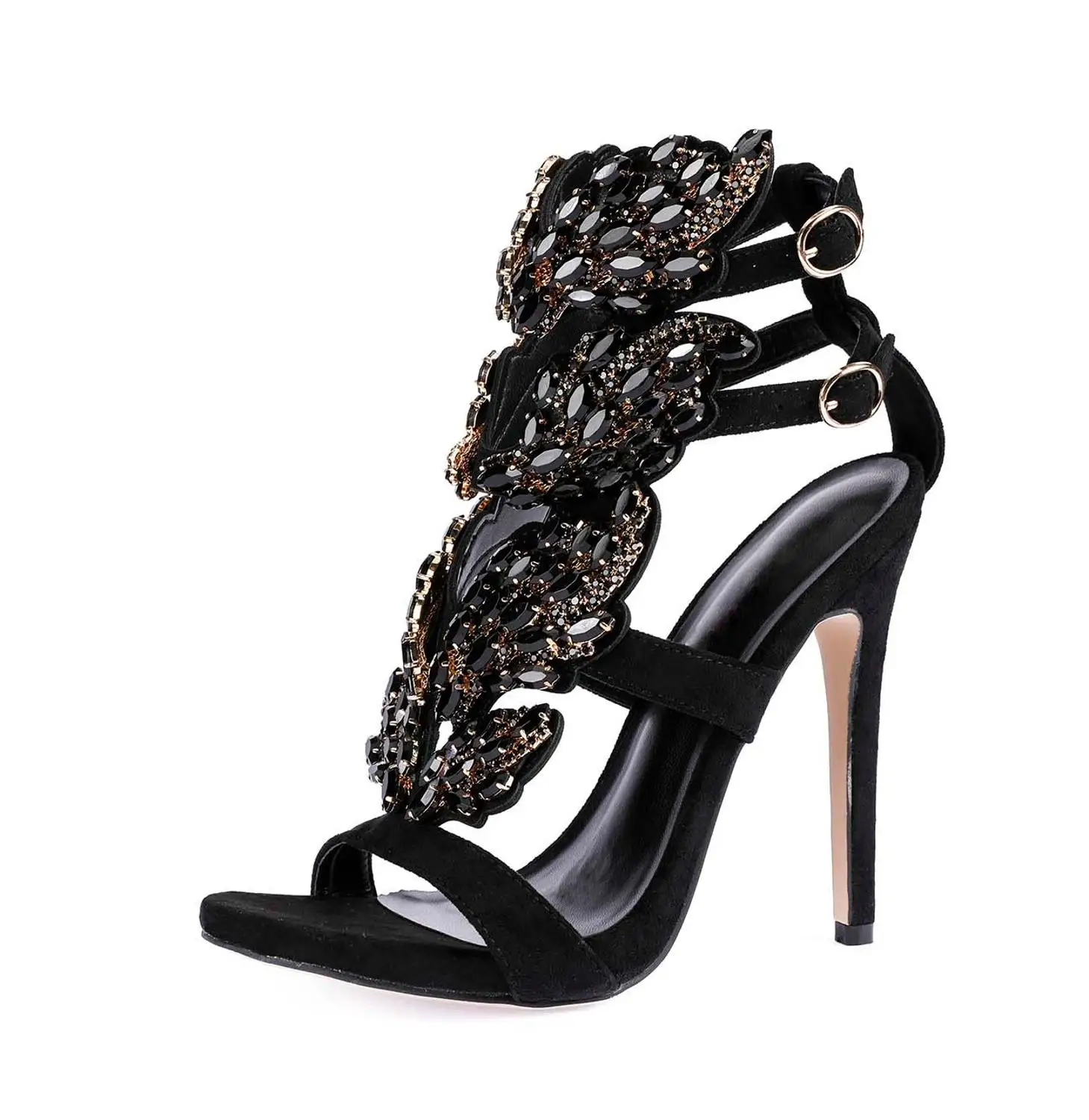 Black Новинка; Брендовые женские туфли-лодочки; коллекция года; женские модные туфли на высоком каблуке с открытым носком, украшенные кристаллами и узкими ремешками на лодыжке; вечерние и свадебные туфли-лодочки - Цвет: Black