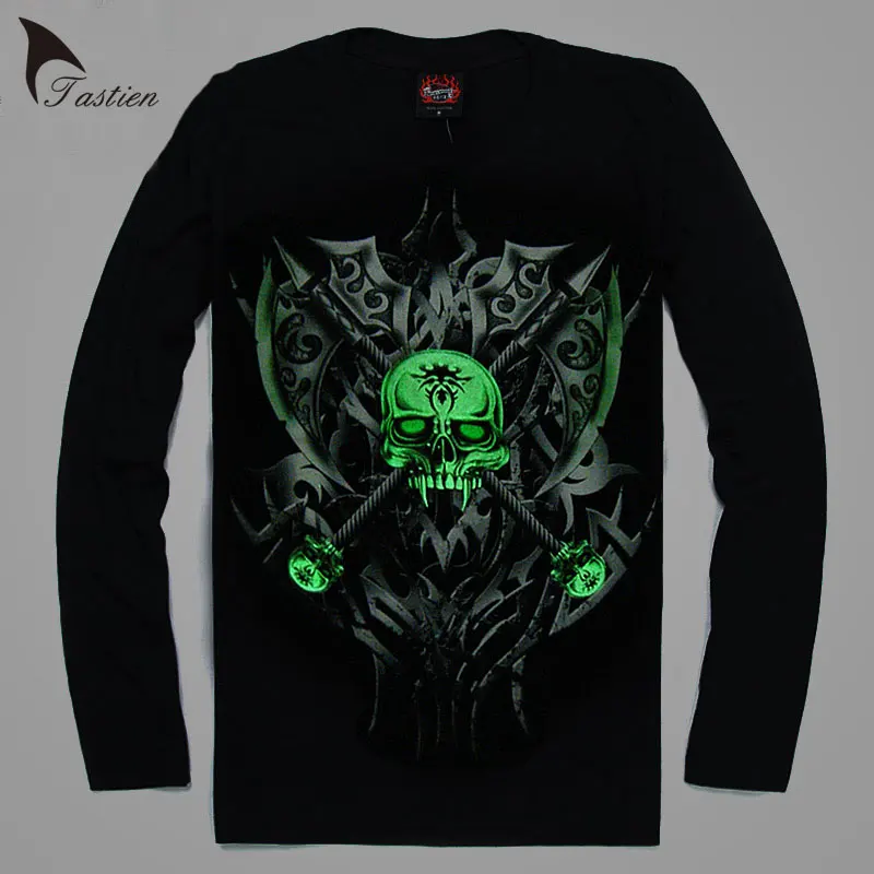 

TASTIEN 3D T-Shirt Mens Luminous Print Hot Sale Night Light Long Sleeves Cotton Fluorescent Personalized Noctilucent Night Tees