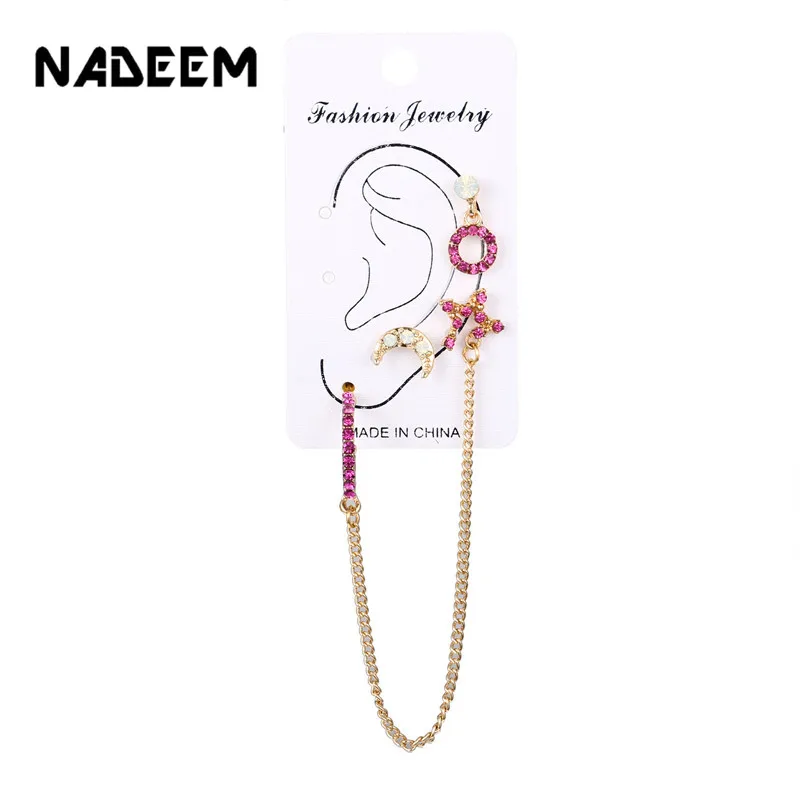 

Newest Shiny Pink Crystal Star Moon Stud Earrings Charming Earrings for Women Boho Link Chain Hanging Circle Earring Brincos