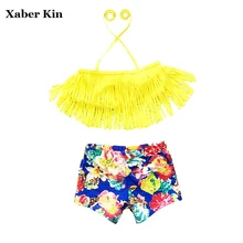 Xaber Kin детей Ленточки Купальники для малышек две части купальник для Обувь для девочек с цветочным принтом купальный Костюмы пляжная одежда милый купальник G11-K35