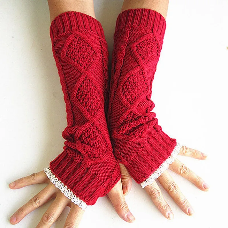 Новый Однотонная одежда руки длинные перчатки, варежки Для женщин трикотажные запястье локоть Glovers Кружево ARM Пальцев Прихватки для