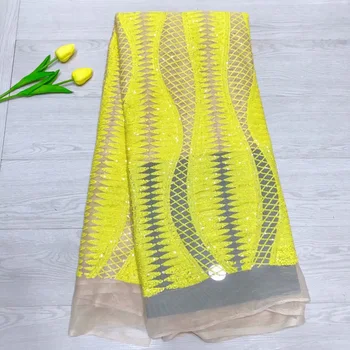 

Latest African Lace Fabric 2019 High Quality Lace Embroidery French Mesh With Yellow Sequins Nigerian Lace Fabrics Material