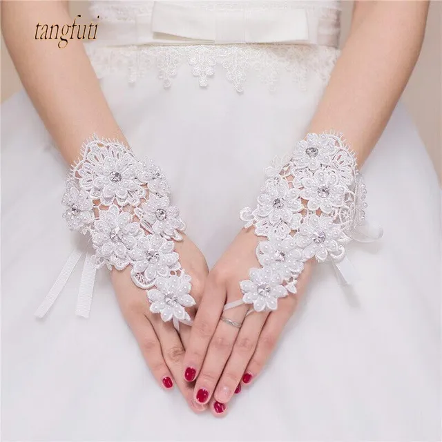 Pearls Crystals Lace Short Bridal Gloves Fingerless Wedding Pearls Crystals Lace Short Bridal Gloves Fingerless Wedding Wrist Length Up Ivory Accessories