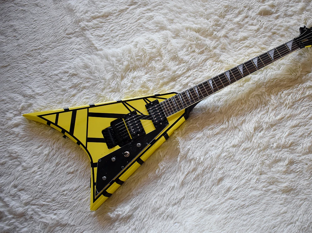 

Factory Custom Yellow Electric Guitar with Black Strips,Double Rock,Black Hardware,Binding Neck,High Quality,be Customized