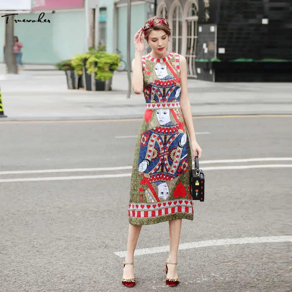 

Truevoker Summer Designer Dress Women's High Quality Casual Sleeveless Colourful Printed Jacquard Mid Calf Vestido