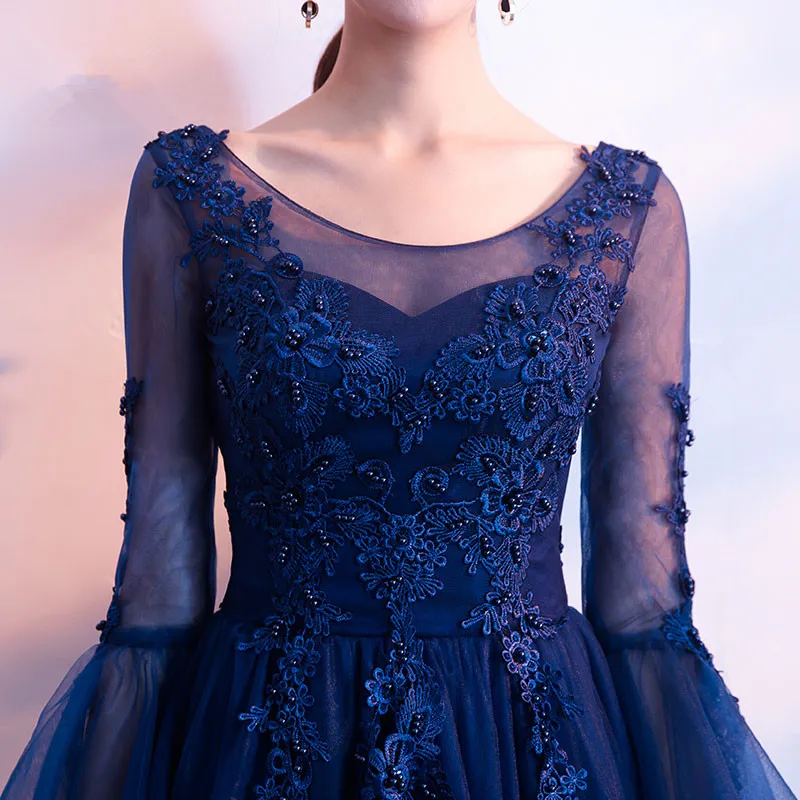 Ruthshen Длинные рукава с гофрированными манжетами платья для выпускного вечера Онлайн Scoop декольте Темно-синие особых случаев вечерние