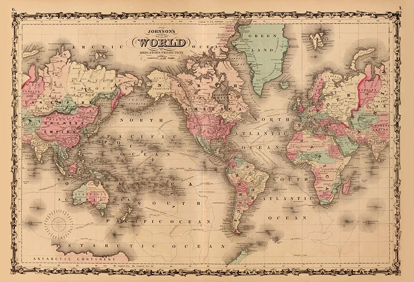 

7x5FT Mercators Projection Antique Johnsons World Map 1862 Custom Photo Backdrop Background Banner Vinyl 220cm x 150cm