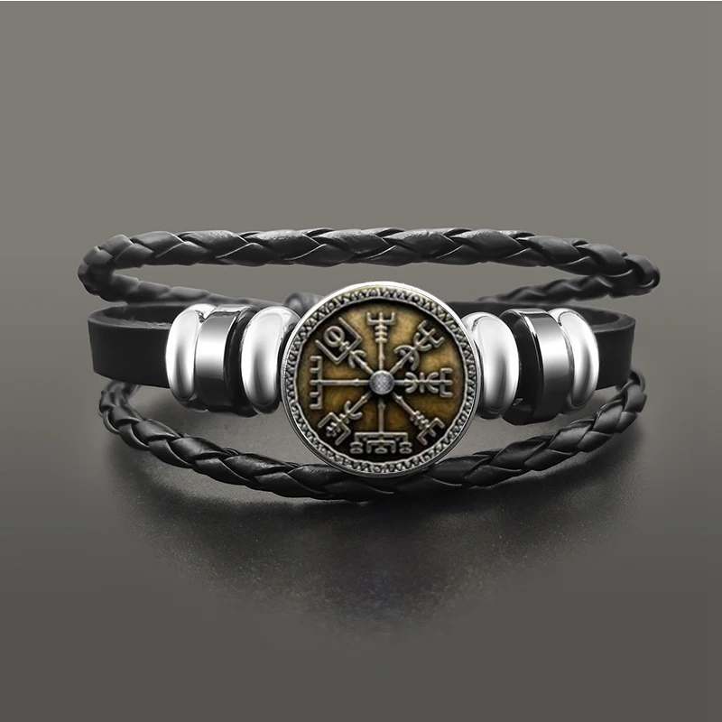 Viking Compass Multilayer Beads Snap Button Bracelet Men Fashion Braided Leather Bracelets Bangles Retro Punk Wrap Wristband