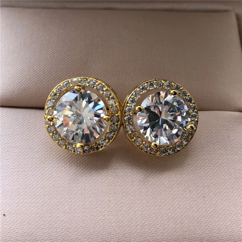 

Female Luxury Crystal Round Stud Earrings Vintage Yellow Gold Wedding Jewelry White Zircon Stone Earrings For Women
